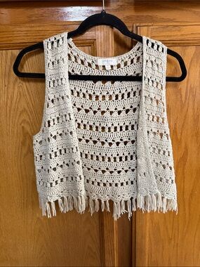 Umgee Cream Crochet Fringe Vest